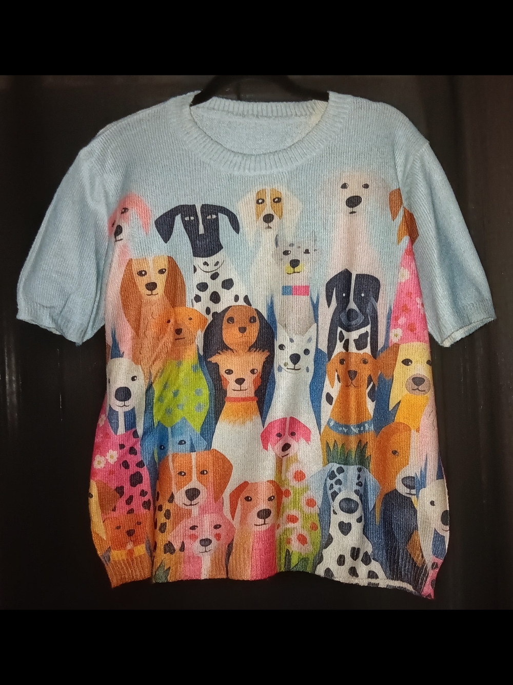 🐾Light Blue Italian Knit Sweater with Colorful Dog Print. Size Large!